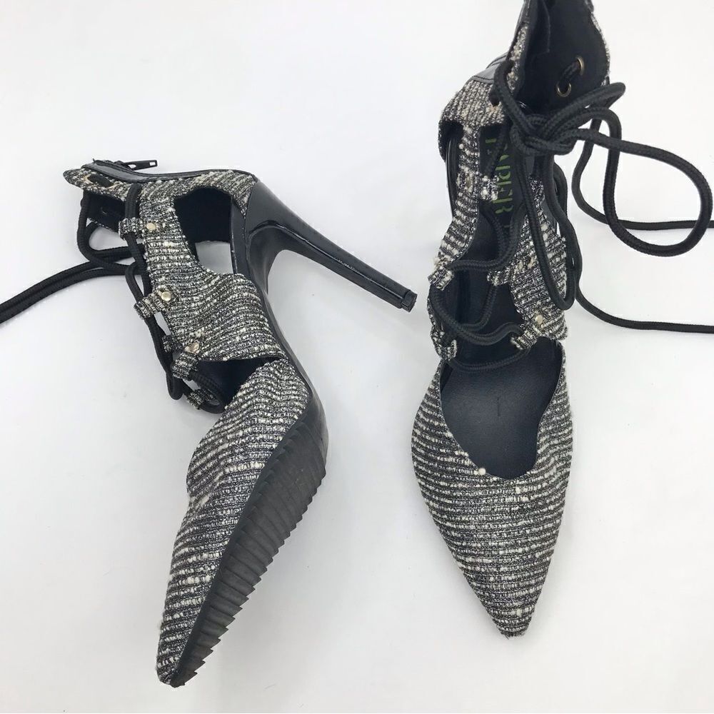 Paper Fox Shoedazzle Black Cream Metallic Tweed Pointed Toe Lace Up Heels